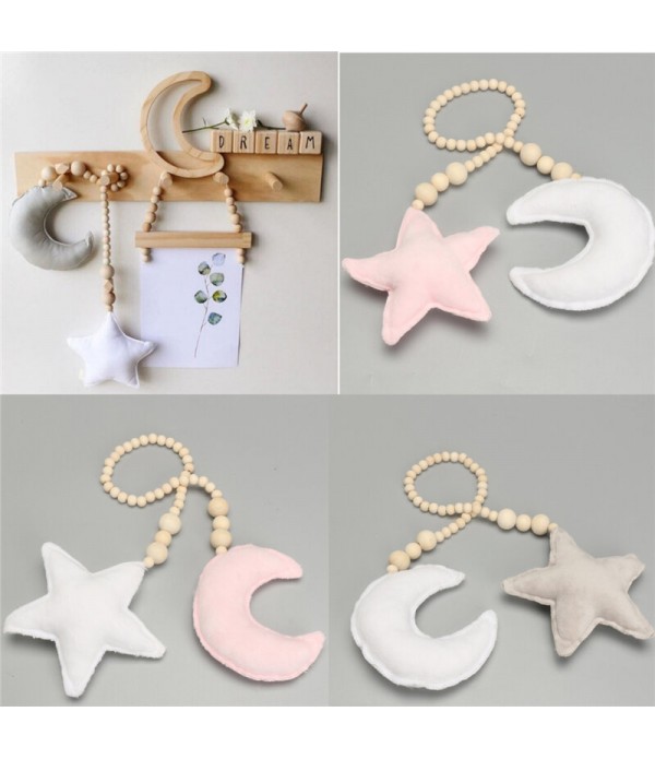 Star &amp; Moon Pendant with Wooden Beads for Kids Baby Nursery Room Hanging Decor - #1