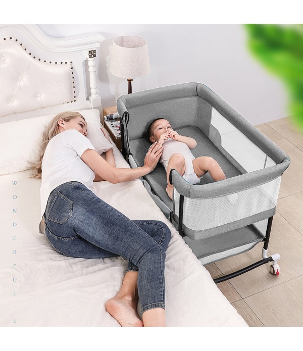 4-In-1 Infant Bedside Crib Portable Baby Sleeper Adjustable Height Stitching Big Bed for 0-36 Months Children - Gray