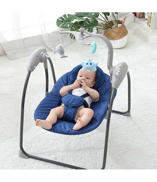 Electric Baby Bassinet Remote Control Music Playing Baby Cradle Three-speed Adjustment Foldable Crib - Blue