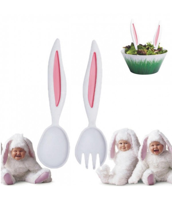 Rabbit Ears Baby Spoon and Fork Set Children Tableware Kids Cutlery Baby Learnning Dishes Dinnerware -  Pink