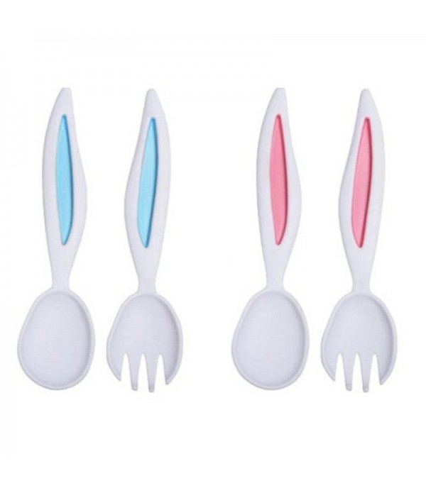 Rabbit Ears Baby Spoon and Fork Set Children Tableware Kids Cutlery Baby Learnning Dishes Dinnerware -  Pink