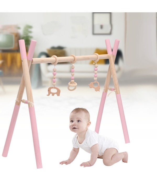 Wooden Baby Gym Toy Non Toxic Organic Play Stand Nursery Fun 3 Hanging Mobile Wood Rack Room Decoration -  Pink