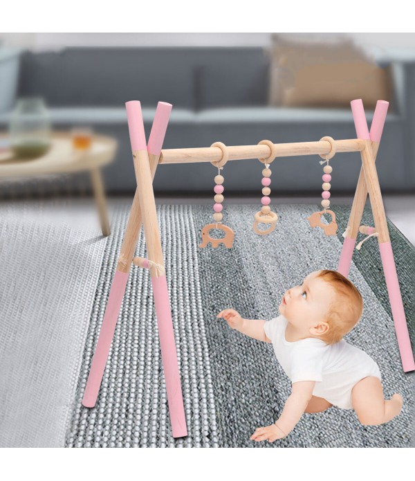 Wooden Baby Gym Toy Non Toxic Organic Play Stand Nursery Fun 3 Hanging Mobile Wood Rack Room Decoration -  Pink