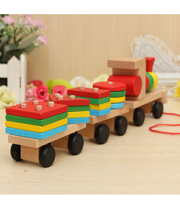 Wood Puzzle Train Toys Geometric Building Blocks Education Gift  