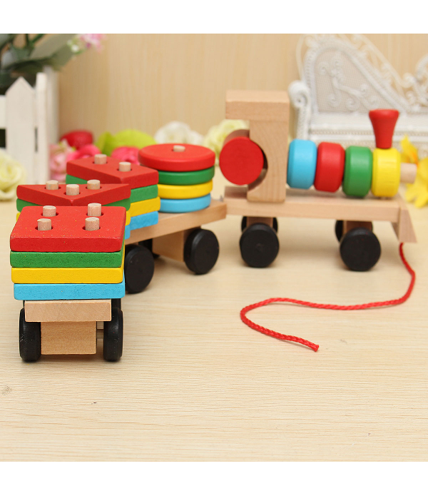 Wood Puzzle Train Toys Geometric Building Blocks Education Gift  