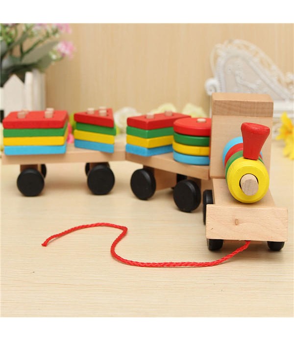 Wood Puzzle Train Toys Geometric Building Blocks E...