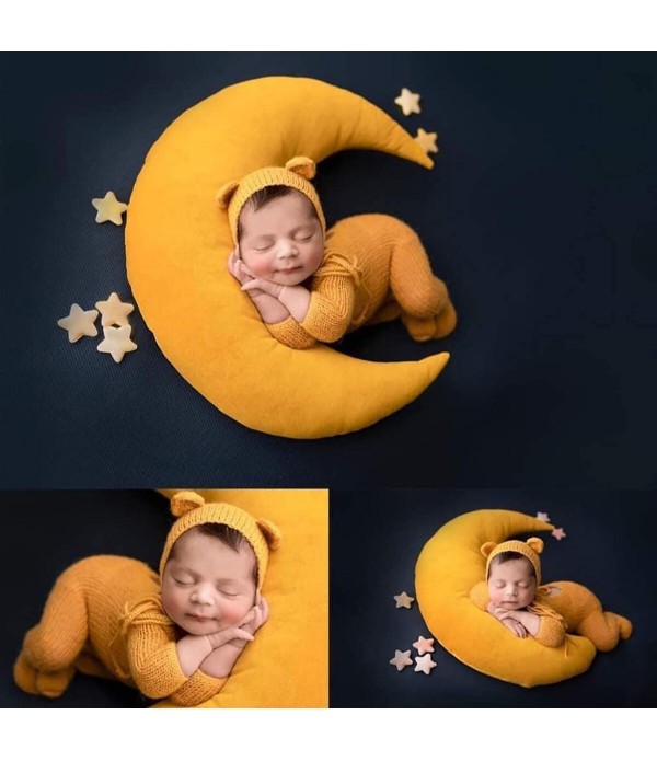 Newborn Baby Photography Props Moon Shaped Pillows Baby Photo Shoot Accessories with Stars Full-moon Baby Stuff - Coffee