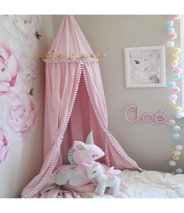 Cotton Kid Baby Bed Canopy Bedcover Mosquito Net Curtain Bedding Fur Ball Round Dome Tent Mosquito Net - Pink