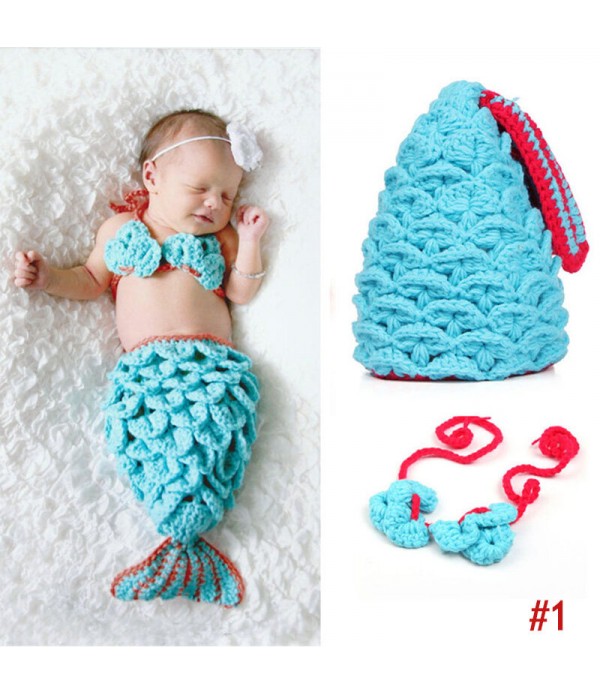 Baby handmade crochet mermaid clothing baby hundred days props yarn set - #07