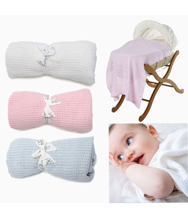 100% Cotton Baby Soft Cellular Blanket Moses Basket Crib Pram Cot Bed 75 x 100cm - White