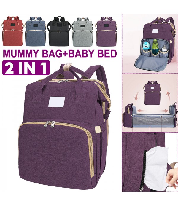 2 in 1 Diaper Bag with Changing Station Mom Backpack Multifunctional Baby Bed Crib Handbag Stroller Bag - Red