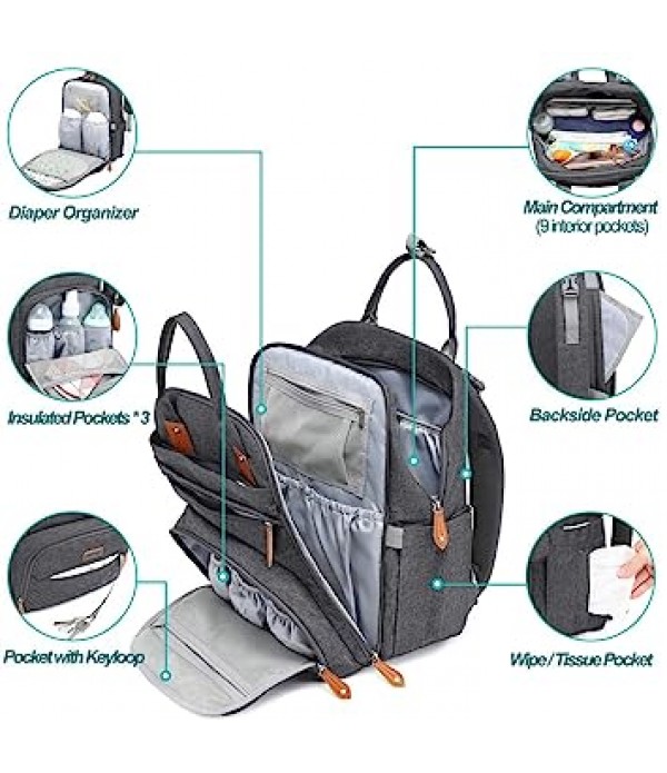 Diaper Bag Backpack - Baby Essentials Travel Bag - Multi function Waterproof Diaper Bag, Travel Essentials Baby Bag with Changing Pad, Stroller Straps & Pacifier Case – Unisex, Dark Gray